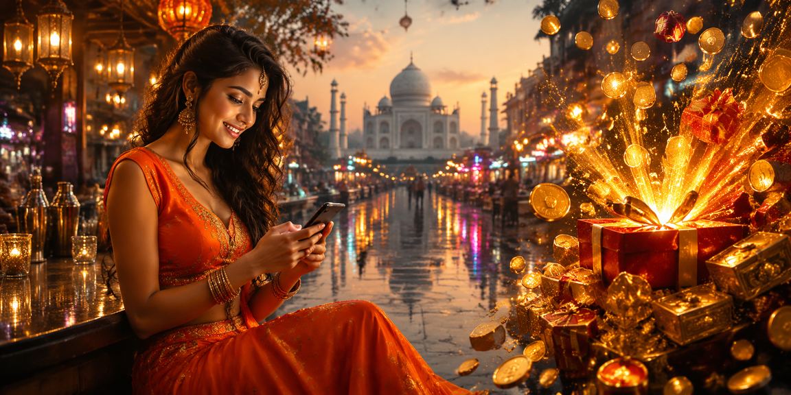 Colorful slot machines at night with Indian cultural themes